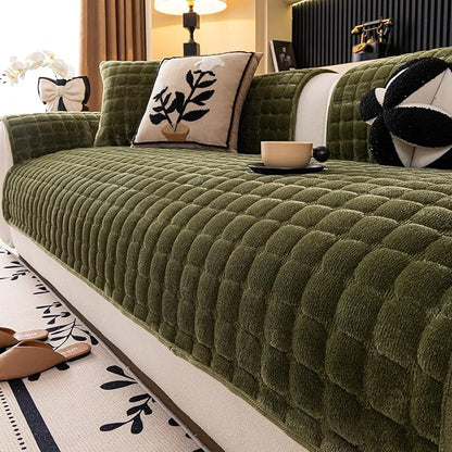 Velvet Couch Cover, Washable Sectional Sofa Cover, Anti Slip Sofa Slipcover for 3 Cushion Couch Sofa L Shaped Armrest Backrest, Furniture Protector Covers for Pets Kids(1PC,Green,36"×94")