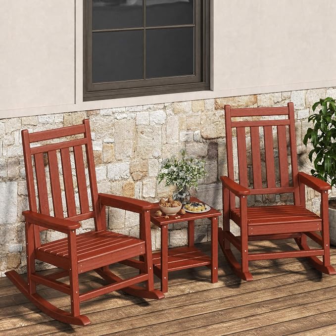 Garvee HDPE Rocking Chair Outdoor Set of 2 with Side Table - Poly High Back Porch Rocker Chairs for Adults - All Weather Resistant Furniture for Patio Front Porch - Red