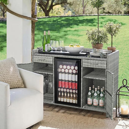RUNNA 53.5" W Outdoor Wicker Storage Cabinet with Fridge Space,Weatherproof Outdoor Mini Fridge Bar Cabinet with Adjustable Shelves & Drawers for Pool Towel Storage,Garden,Kitchen (Grey#64)
