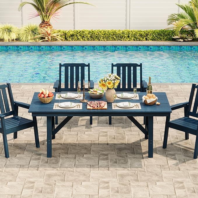 Garvee Outdoor Patio Dining Table for 4-6, 66.9" Long HDPE Garden Dining Table with Umbrella Hole, Aluminum Frame, Triangular Legs, Waterproof, All-Weather for Backyard, Poolside, Navy Blue