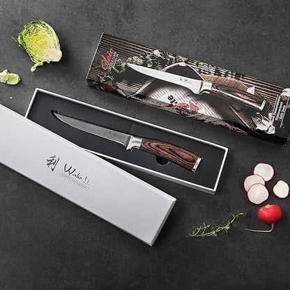 Wakoli EDIB Damascus Boning Knife – 5.7-Inch Precision Blade | Professional Kitchen Knife with VG10 Core, Ergonomic Pakkawood Handle – Ideal for Deboning & Trimming