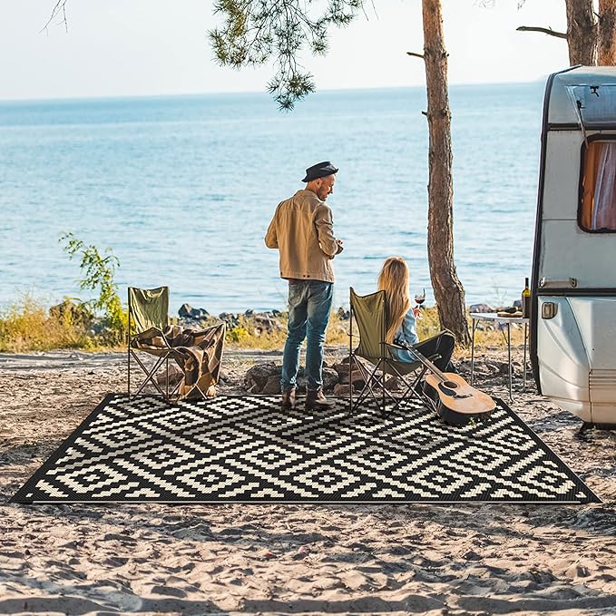 GENIMO Outdoor Rug, Waterproof Plastic Rugs for Patio, 8'x10' Black Beige | Outside Larger Modern Carpet Mat for Porch Decor, Deck, Balcony, Camping, RV, Backyard, Picnic, Beach, Reversible, Foldable