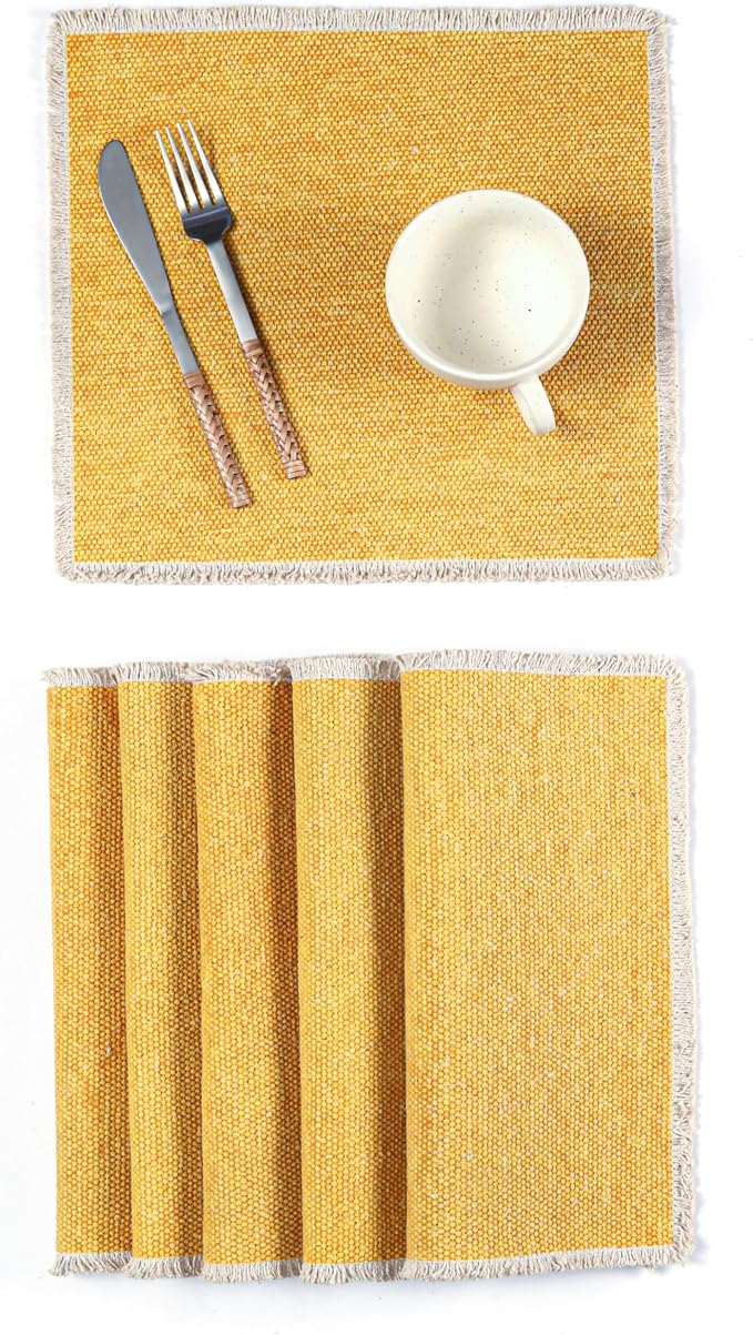 Hausattire Cotton Frayed Placemats Set of 6 Dining Table 14x14 Inch | Rustic Vintage Boho Washable Easter Placemat for Outdoor Parties BBQ's Spring, Holiday, Special Occasions, Nubby Cotton - Yellow