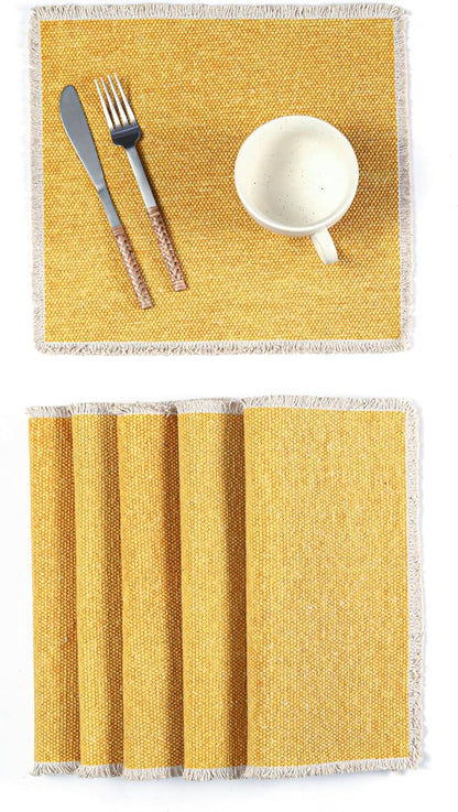 Hausattire Cotton Frayed Placemats Set of 6 Dining Table 14x14 Inch | Rustic Vintage Boho Washable Easter Placemat for Outdoor Parties BBQ's Spring, Holiday, Special Occasions, Nubby Cotton - Yellow