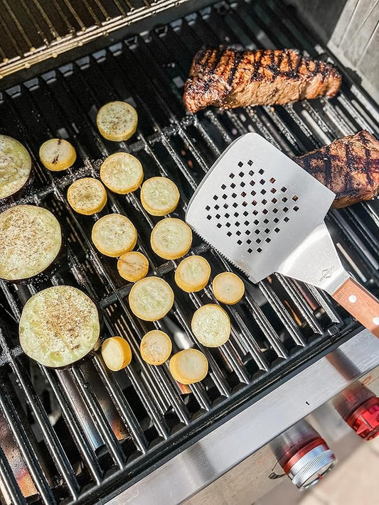Küchenprofi Texas Heavy-Duty Stainless Steel Rosewood BBQ Grilling, Turner with Holes and Serrated Edge, 5" x 17" Long