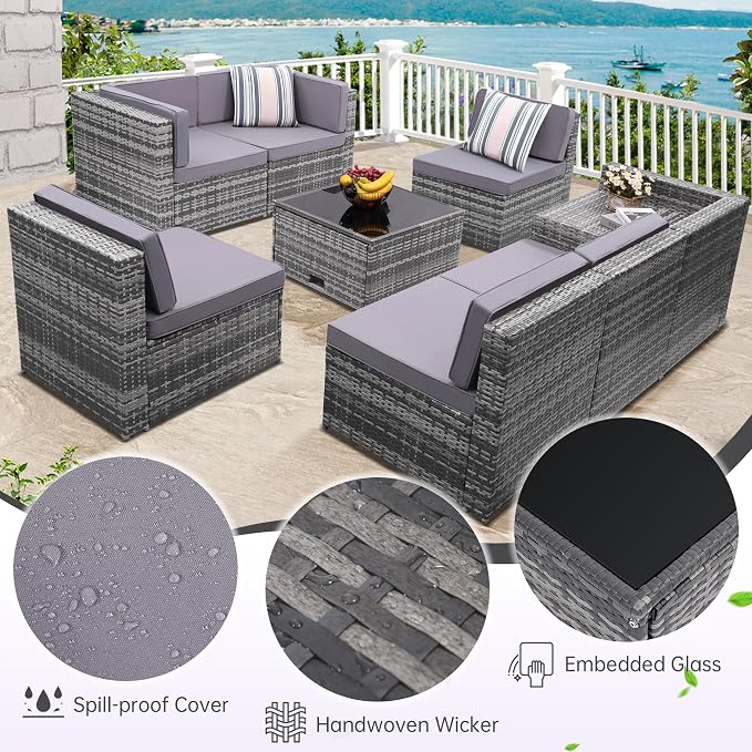 KROFEM 8-Piece Patio Furniture Set, Outdoor Wicker Rattan Sectional with Thick Cushions, Glass Top Table with Hidden Storage, Outdoor Conversation Set for Backyard, Porch, Patio, Grey