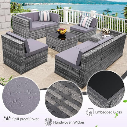 KROFEM 8-Piece Patio Furniture Set, Outdoor Wicker Rattan Sectional with Thick Cushions, Glass Top Table with Hidden Storage, Outdoor Conversation Set for Backyard, Porch, Patio, Grey