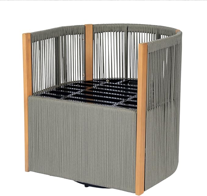 Christopher Knight Home Kato Outdoor Metal & Acacia Wood Frame Swivel Accent Chair with Removable Cushion, 360° Rotating Patio Armchair with Rope Accent, Outdoor Swivel Chair for Garden, Light Grey
