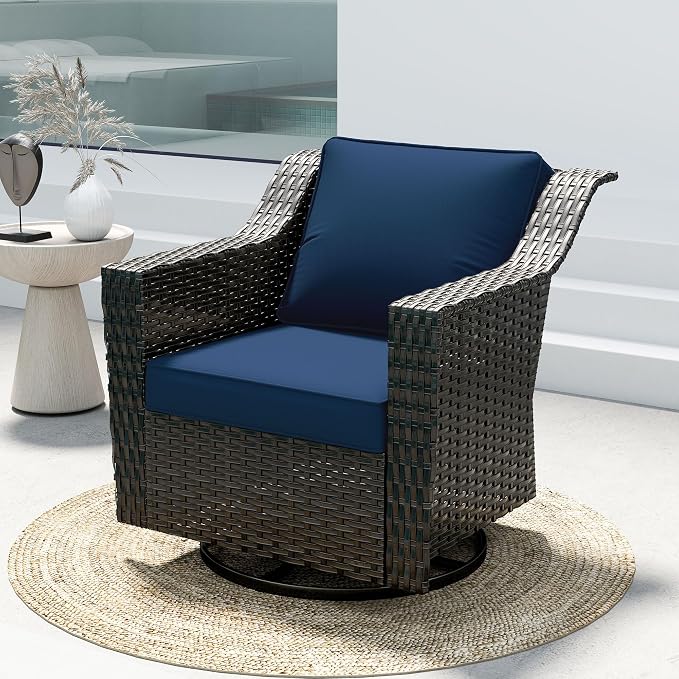 Outdoor Furniture Swivel Chair, Patio Glider Wicker Rocker Seating with Cushions for Porch Deck Balcony (Blue)