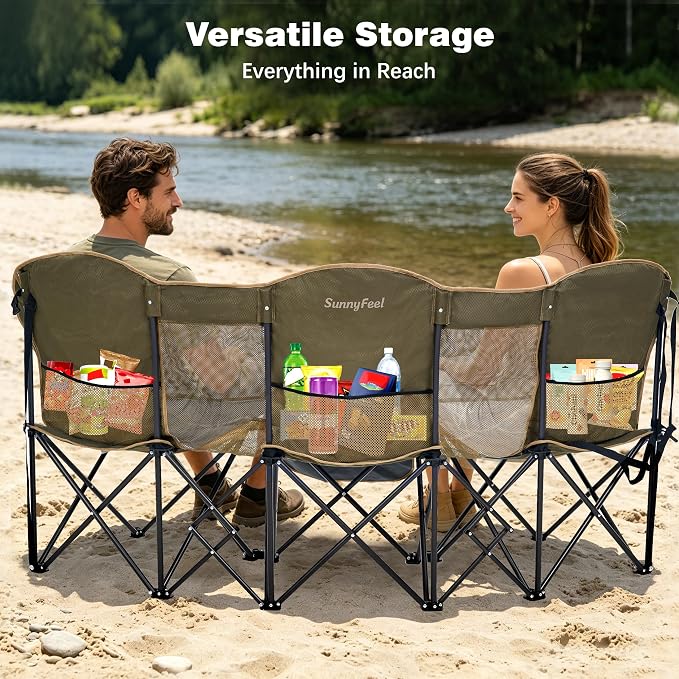 SUNNYFEEL 3 Person Camping Chair Oversized Loveseat for Adults | 1050LBS Heavy Duty Folding Couch with 2 Cup Holder Padded Headrest, Storage Pockets & Carry Bag for Camping/ Lawn/ Backyard