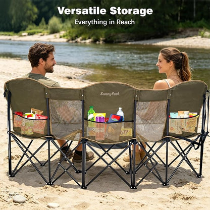 SUNNYFEEL 3 Person Camping Chair Oversized Loveseat for Adults | 1050LBS Heavy Duty Folding Couch with 2 Cup Holder Padded Headrest, Storage Pockets & Carry Bag for Camping/ Lawn/ Backyard