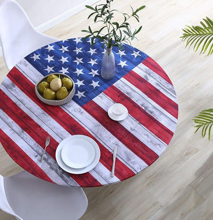 Brielle Home Easy Care Picnic Tablecloth July 4th Printed Indoor Outdoor Elastic Cotton Fabric Fitted Dining Table Cover, 42" Round, American Flag