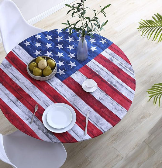 Brielle Home Easy Care Picnic Tablecloth July 4th Printed Indoor Outdoor Elastic Cotton Fabric Fitted Dining Table Cover, 42" Round, American Flag
