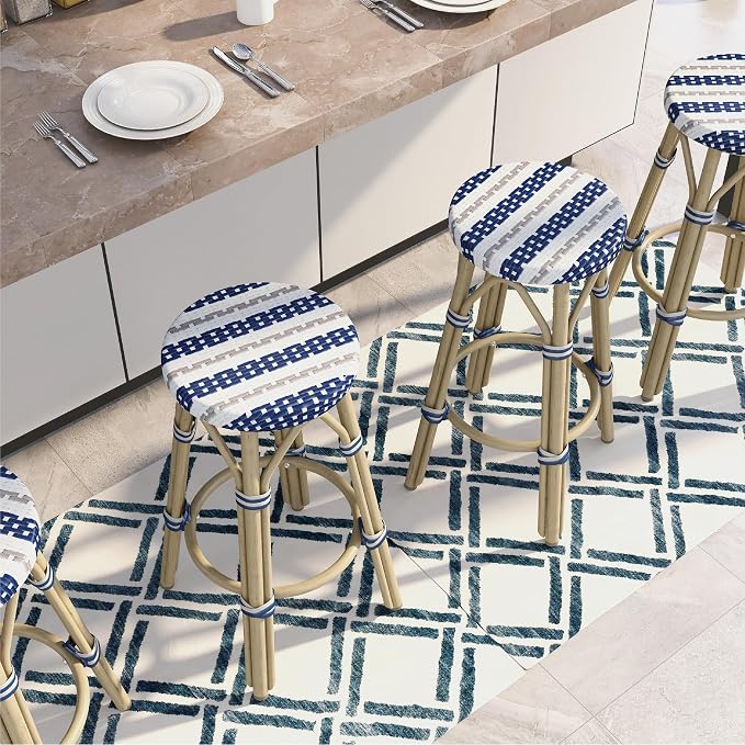 Seadrift Boho 26-inch Aluminum and All-Weather Wicker Barstools with Footrest, Patio Stools & Bar Chairs for Outdoor, Kitchen Counter, Poolside, Yard, Set of 2, Navy Blue and White