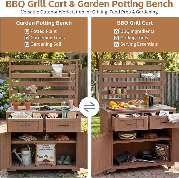 RUNNA 4-Piece Outdoor Rolling Kitchen Island with Sink w/Faucet, Solid Wood Grill Table with Storage Cabinets, Drawers, Stainless Table Top and Movable Shelves for Garden (Brown#38)