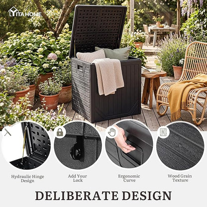 YITAHOME 150 Gallon Large Outdoor Storage Box w/Double Wall, Waterproof Deck Box with Hydraulic Piston for Garden Tools, Pool Accessories & Cushions, Resin Deck Organizer with Bench Seat(Black)