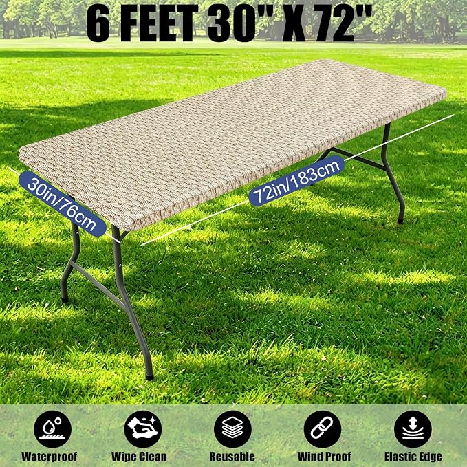 Smiry 2 Pack Rectangle Table Cloth 6 Foot, Waterproof Elastic Fitted Tablecloths, Windproof Washable Polyester Table Cover for Picnic, Camping, Outdoor (Champagne, 30"x72")