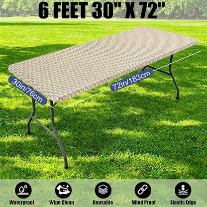 Smiry 2 Pack Rectangle Table Cloth 6 Foot, Waterproof Elastic Fitted Tablecloths, Windproof Washable Polyester Table Cover for Picnic, Camping, Outdoor (Champagne, 30"x72")