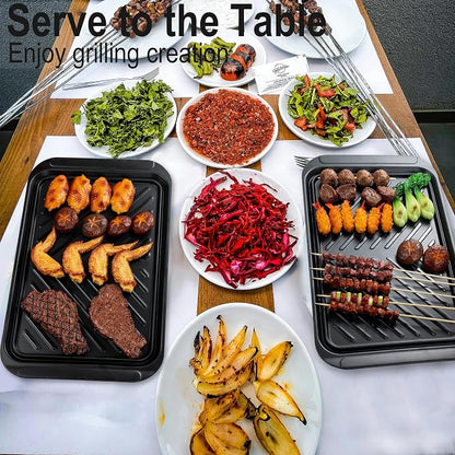 KAQAHIDO Grilling Bamboo Prep and Serving Tray, Dishwasher-Safe | BBQ Platter for Raw Meat Marinating and Finished Cooked Food, Melamine Serving Tray, Set of 2, Cleaning Pack Included