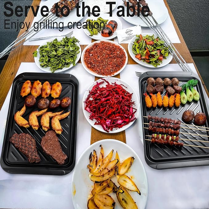 KAQAHIDO Grilling Deep Prep and Serve Trays, BBQ Platter for Raw Meat Marinating and Finished Cooked Food, Melamine Serving Tray, Set of 2, Cleaning Pack Included