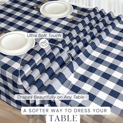 Navy Blue Buffalo Check Tablecloth, 60x102 Inches, Plaid Dining Table Cover, 100% Cotton, Washable, Reusable Farmhouse Table Linen for Holidays, Winter Meals, Wedding, Everyday Dining