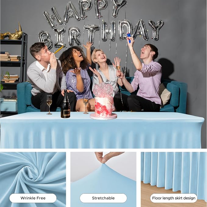 4 Pack Baby Blue Spandex Table Covers 4ft Rectangle Ruffle Skirts for Party | Elastic Table Covers 4 Foot, Pleated Fitted Table Cloths, Wrinkle Resistant Elegant Table Skirts Wedding, Banquets