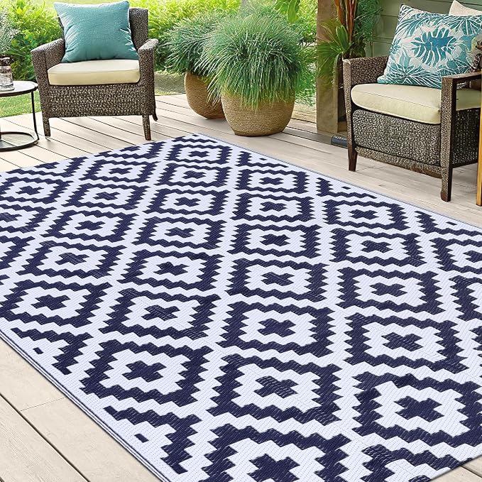 Smiry Outdoor Rug 5x8 ft Waterproof Reversible Boho Mat, White & Navy | Polypropylene Plastic Straw, Quick Drying, Lightweight Foldable, for Patio, Deck, RV Camping, Backyard and Indoor Outdoor Use