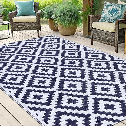 Smiry Outdoor Rug 5x8 ft Waterproof Reversible Boho Mat, White & Navy | Polypropylene Plastic Straw, Quick Drying, Lightweight Foldable, for Patio, Deck, RV Camping, Backyard and Indoor Outdoor Use