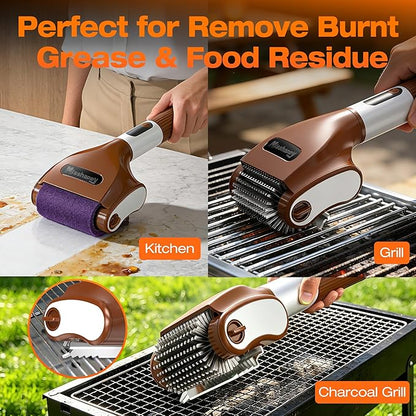 Misshappy Electric BBQ Grill Brush - 4000mAh Cordless BBQ Grill Cleaner 2 Speed - 800RPM Bristle Free Electric Grill Cleaner for Outdoor Grill Rechargeable with Scraper/LED Light/LED Display (Brown)