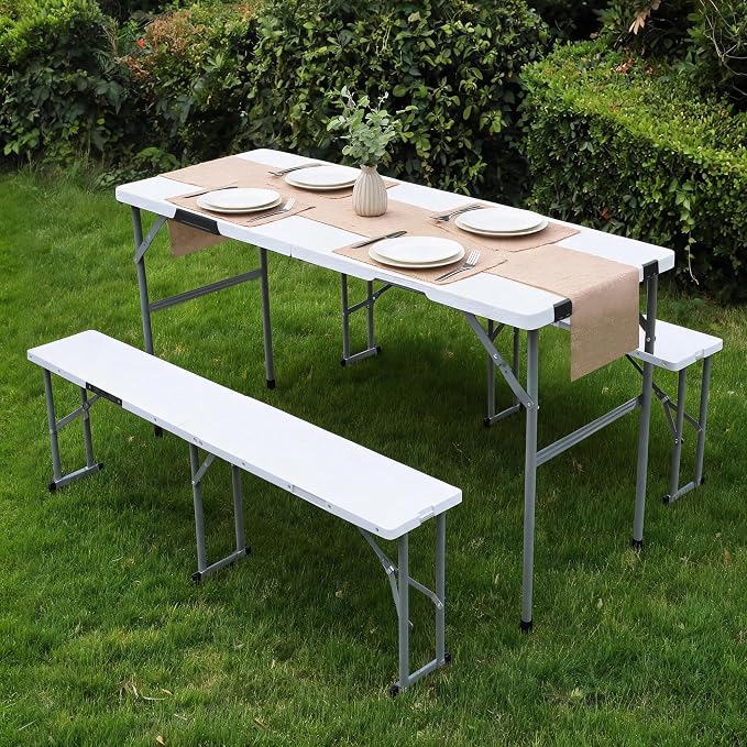 Camping table folding table and chairs foldable picnic table Portable White | Folding Table and Bench Set: 6-ft portable picnic table with two attached benches. Ideal for camping,BBQ and outdoor events