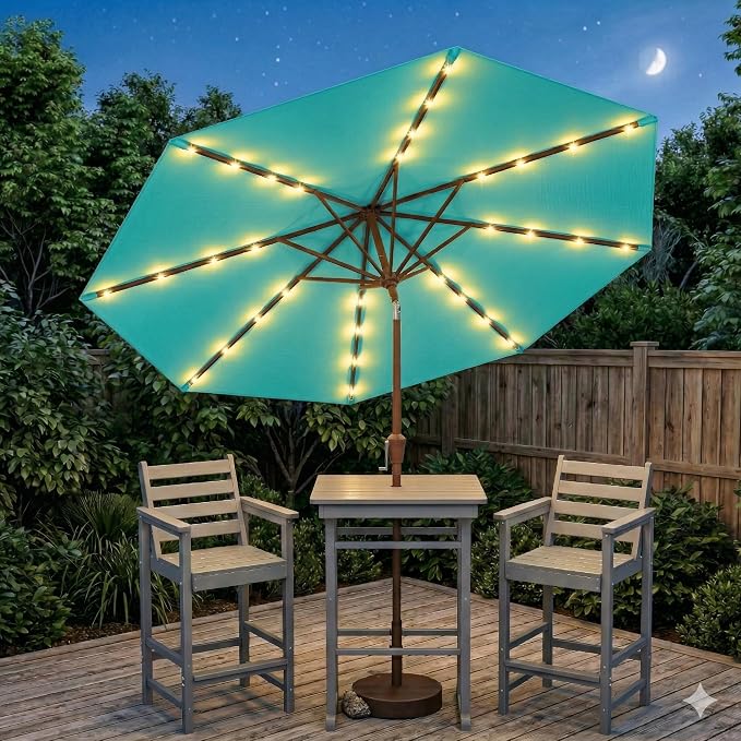 10FT Solar Lighted Patio Umbrella, Outdoor Table Market Umbrellas with Push Button Tilt and Crank, 32 LED Lights, 8 Sturdy Ribs, UV-Resistant for Deck, Garden, Pool