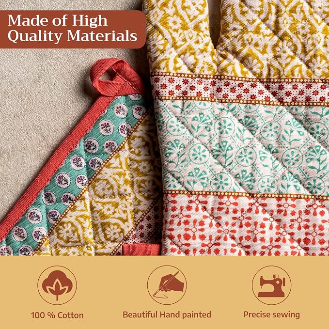 Maison d' Hermine 100% Cotton Oven Mitt & Pot Holder Set (7.5"x13" & 8"x8") | Heat Resistant BBQ Cooking Gloves with Loop Baking Grilling Kitchen Hotel Home Farmhouse Spring Summer - Provence