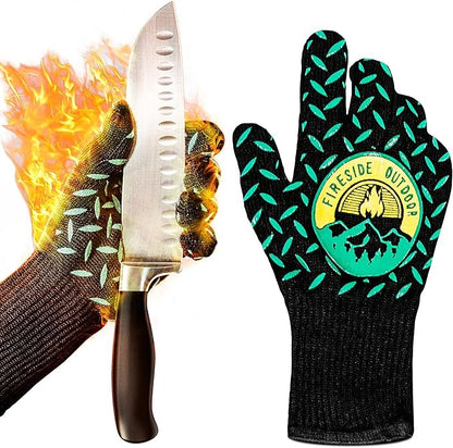 Fireside Outdoor Thermal BBQ Gloves Heat Resistant Cooking - Thermal Grill Gloves, Oven Mitts Heat Resistant, Oven Glove for Campfire Grilling, BBQ Mitts, Meat Smoking Accessories - 932°F Resistance