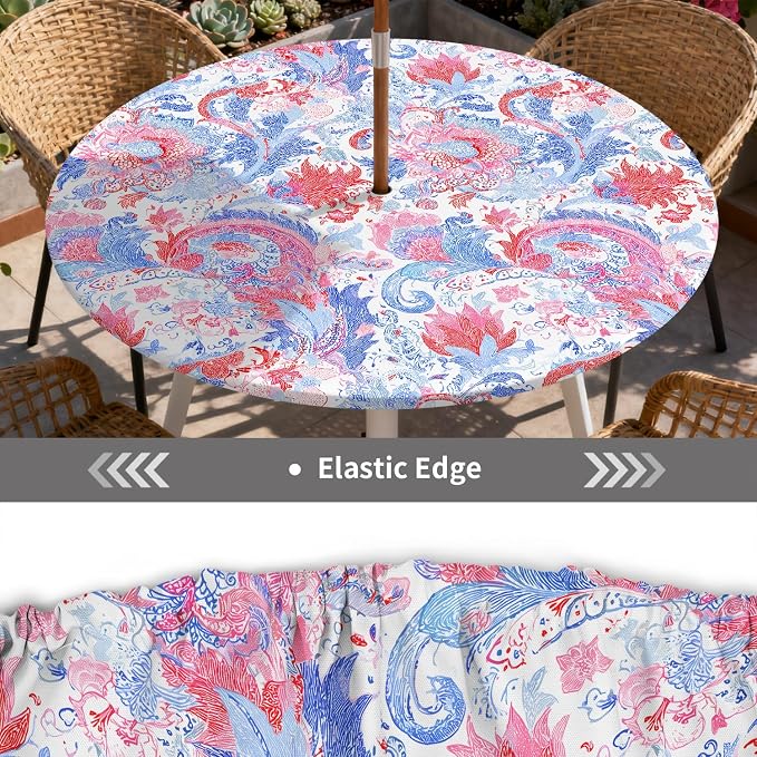 Outdoor Tablecloth with Umbrella Hole and Zipper Fits 32-36" Tables | Waterproof Round Fitted Tablecloth with Elastic Edge, Wipeable Outdoor Table Cover for Patio, Garden, Picnic