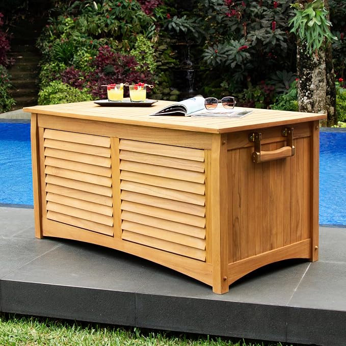 Cambridge Casual Arie Teak Outdoor Deck Storage Box Include Free Water Resistant Furniture Cover – 130 Gallon Wooden Patio Storage Box