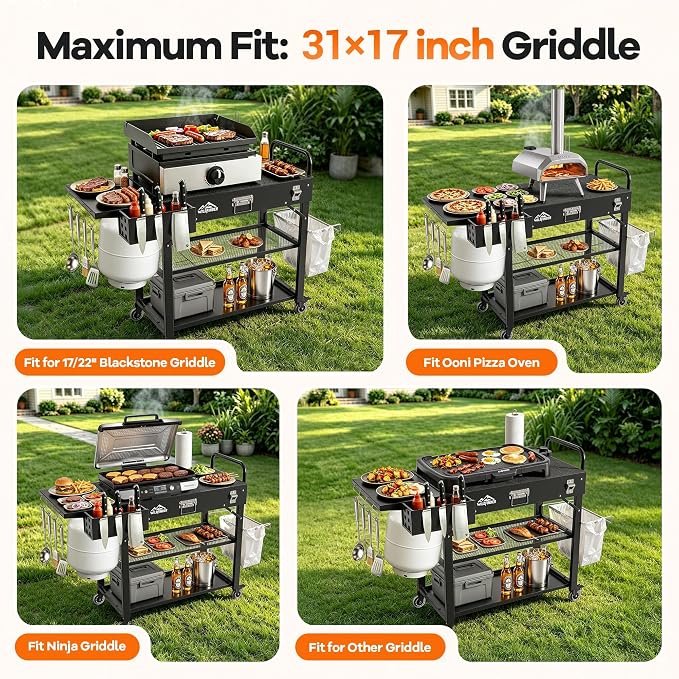 Grill Cart for Blackstone Griddle, Outdoor Grill Table Foldable for Ninja | Folding Pizza Oven Stand Grill Stand Fit 17 or 22 Inch Tabletop Griddle, Portable BBQ Prep Station with Tool Hooks & Wheels
