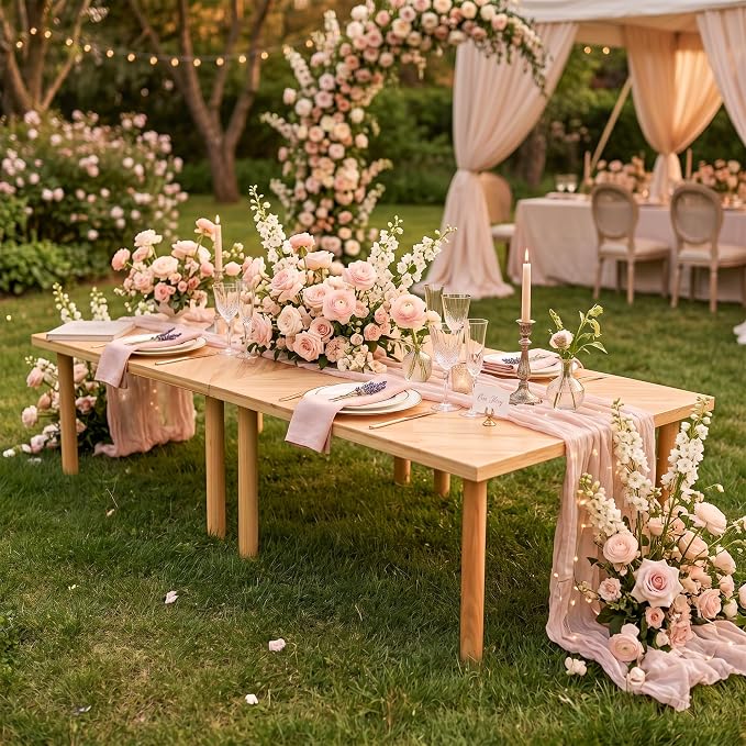 Folding Picnic Table for Indoor Outdoor, Portable Boho Low Picnic Table with Table Runner, 60" x 30" Wooden Table for Camping, Wedding, Beach, Garden, Party, Seats 6-8 People