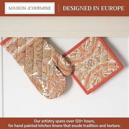 Maison d' Hermine 100% Cotton Oven Mitt & Pot Holder Set (7.5"x13" & 8"x8") Heat Resistant BBQ Cooking Gloves with Loop for Thanksgiving Christmas Decorations Handling Hot Pans (Kashmir Paisley)