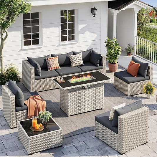 UDPATIO Patio Furniture Set with Fire Pit Table, 8 Pcs Outdoor Sectional Sofa, PE Wicker Patio Conversation Set for Garden, Backyard (Black Cushions with Light Grey Rattan)