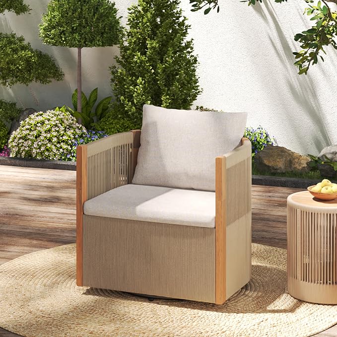 Christopher Knight Home Kato Outdoor Metal & Acacia Wood Frame Swivel Accent Chair with Removable Cushion, 360° Rotating Patio Armchair with Rope Accent, Outdoor Swivel Chair for Garden, Beige