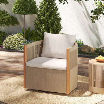Christopher Knight Home Kato Outdoor Metal & Acacia Wood Frame Swivel Accent Chair with Removable Cushion, 360° Rotating Patio Armchair with Rope Accent, Outdoor Swivel Chair for Garden, Beige
