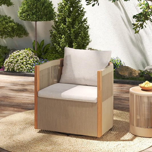 Christopher Knight Home Kato Outdoor Metal & Acacia Wood Frame Swivel Accent Chair with Removable Cushion, 360° Rotating Patio Armchair with Rope Accent, Outdoor Swivel Chair for Garden, Beige