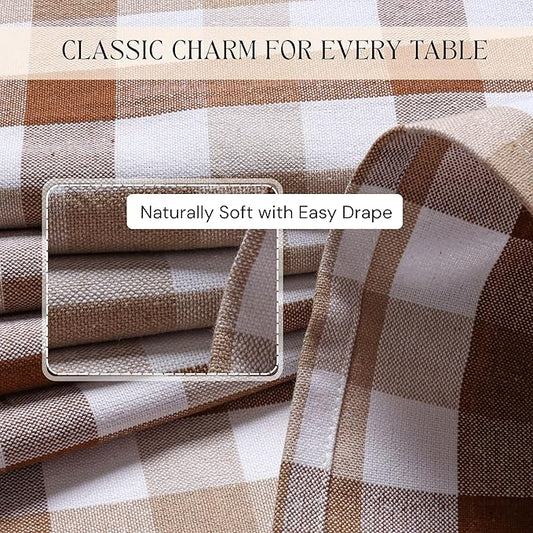 Brown Beige and White Gingham Check Tablecloth, 60x102 Inches, Reusable Farmhouse Table Linen, 100% Cotton, Washable, Plaid Table Cover for Rustic Décor, Weddings, Everyday Dining