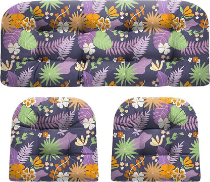 DANGHOOGY Wicker Chair Cushions, Waterproof Outdoor Loveseat Cushions for Patio Furniture, Tufted Wicker Furniture Cushions, 1 Loveseat and 2 U-Shaped Cushions (Purple Flower)