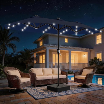 AreShark 15FT Patio Umbrella with Solar Lights, Double Sided Outdoor Table Umbrellas with Crank, Large Rectangular Market Umbrella for Porch, Lawn, Pool, Backyard, Navy