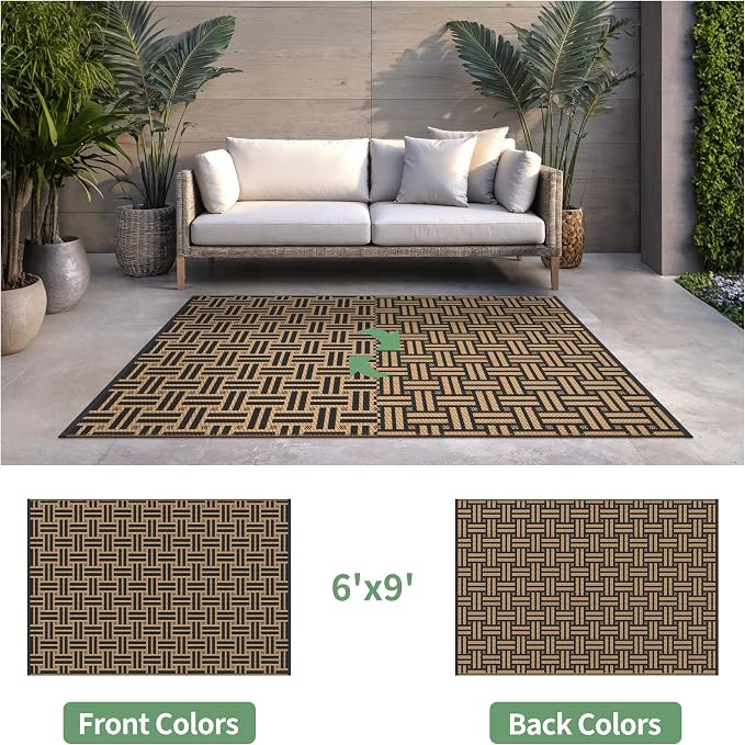 GENIMO Outdoor Rug, Waterproof Plastic Rugs for Patio, 6'x9' Mid Brown | Outside Larger Modern Carpet Mat for Porch Decor, Deck, Balcony, Camping, RV, Backyard, Picnic, Beach, Reversible, Foldable
