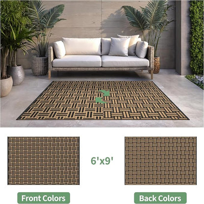 GENIMO Outdoor Rug, Waterproof Plastic Rugs for Patio, 6'x9' Mid Brown | Outside Larger Modern Carpet Mat for Porch Decor, Deck, Balcony, Camping, RV, Backyard, Picnic, Beach, Reversible, Foldable