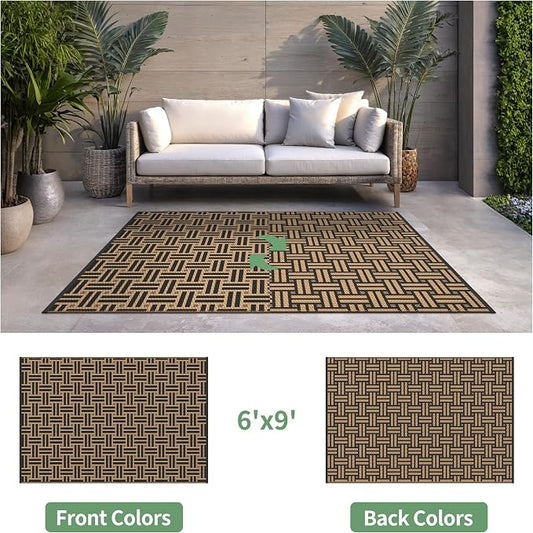 GENIMO Outdoor Rug, Waterproof Plastic Rugs for Patio, 6'x9' Mid Brown | Outside Larger Modern Carpet Mat for Porch Decor, Deck, Balcony, Camping, RV, Backyard, Picnic, Beach, Reversible, Foldable