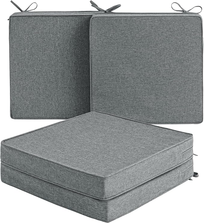 Outdoor Chair Cushions, Set of 4, 22 x 22 Inch, Dark Grey | Water Resistant, Fade Resistant, Patio Furniture Square Seat Replacement, Removable Cover with Ties, Non-Slip Bottom