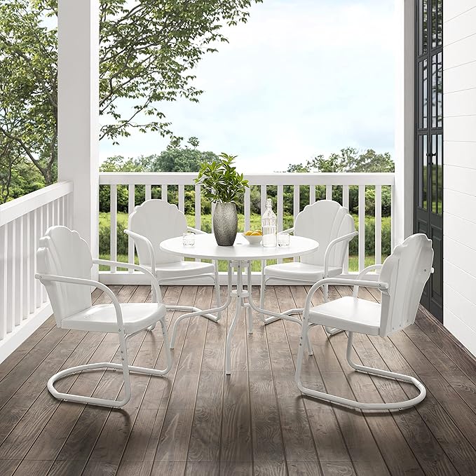 Crosley Furniture Tulip 5-Piece Outdoor Dining Set for 4, Retro Metal Round Patio Table and Chairs for Deck, White Satin